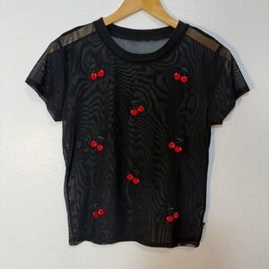 Volcom Black Sheer Mesh Cherry Embroidered‎ Top Women's Small Y2K Goth Aesthetic